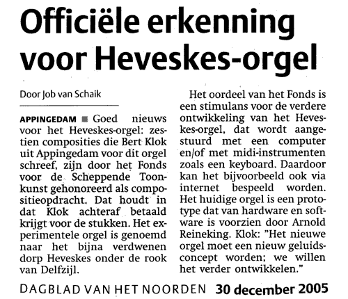 Dagblad van het Noorden : Officiële erkenning voor Heveskes-orgel